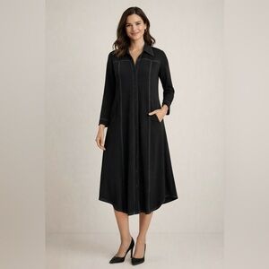 Sympli Size 16 Button Front Shirt Dress Long Sleeve Black Stretch Pockets Maxi